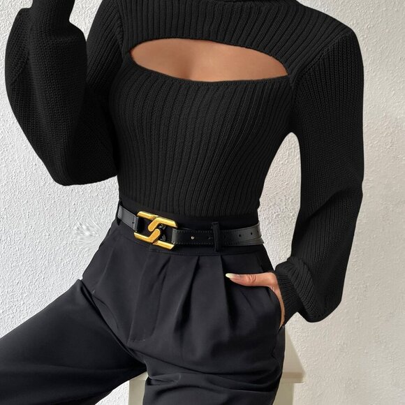 Black Casual Women's Long Sleeve Turtleneck Sweater with Cut Out Eyelet - Picture 3 of 7